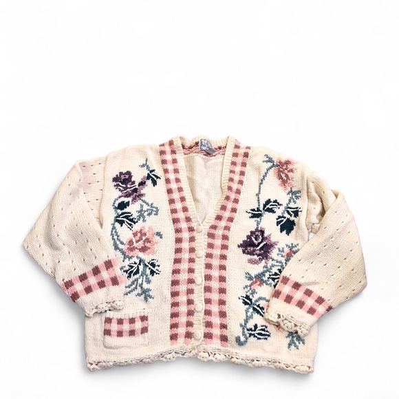 Paris Sport Club Sweaters - Vintage Paris Sport Club Floral Knit Cardigan Sweater - White and Pink Size L